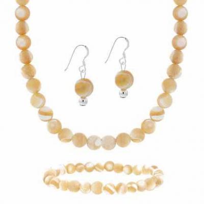 Sterling Silver 6mm Genuine Natural Mother of Pearl Stone Bead Beaded Dangle Hook Earrings Stretch Bracelet Necklace 15-19' Jewelry Set