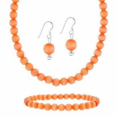 Sterling Silver Orange Cats Eye Bead Dangle Earrings, Stretch Bracelet, & Necklace 15-19'  Set