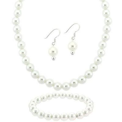 Sterling Silver 8mm Simulated White Pearl Stone Bead Earrings Stretch Bracelet Necklace Jewelry Set