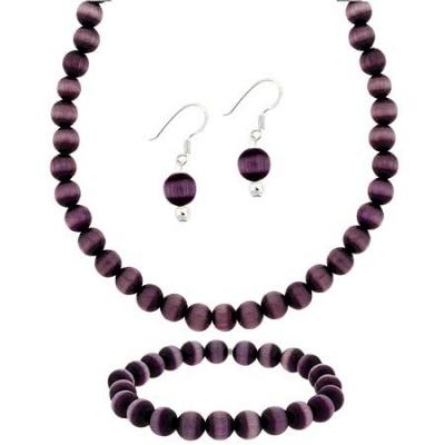Sterling Silver 8mm Purple Glass Cats Eye Stone Bead Beaded Dangle Hook Earrings Stretch Bracelet Necklace 15-19' Jewelry Set