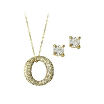 18K Gold over Sterling Silver CZ Open Circle Pendant & Stud Earrings Set