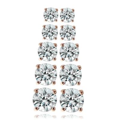 Rose Gold Tone 5.9ct CZ Round Stud Earrings, Set of 5