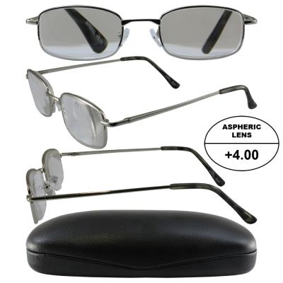 Mens High-Powered Reading Glasses: Silver Frame and Black Case +4.00 Magnification Aspheric Lenses