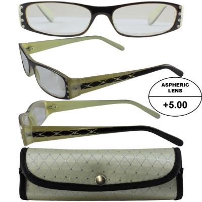Womens High-Powered Reading Glasses: Beige and Black Frame and Matching Case +5.00 Magnification Aspheric Lenses