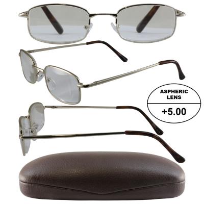 Mens High-Powered Reading Glasses: Gold Frame and Brown Case +5.00 Magnification Aspheric Lenses