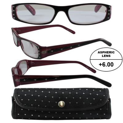 Womens High-Powered Reading Glasses: Black and Pink Frame and Matching Case +6.00 Magnification Aspheric Lenses