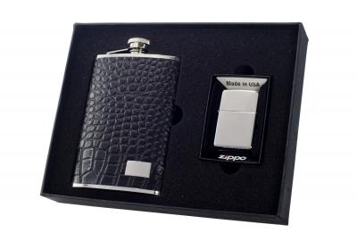 Visol Beau Monde 8oz Flask and Zippo Lighter Gift Set