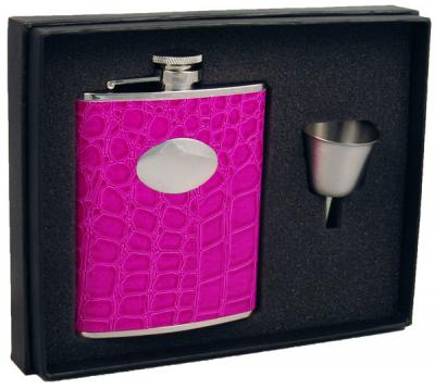 Visol Blush Pink Crocodile Leatherette 6oz Stainless Steel Flask Gift Set