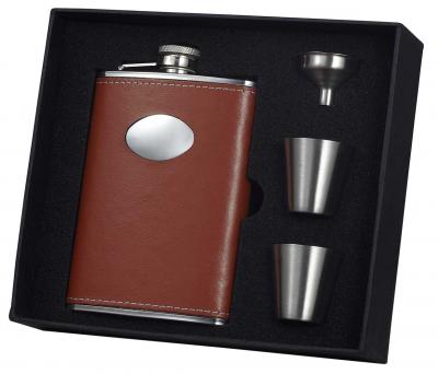 Visol Bobcat Brown Leather 8oz Deluxe Flask Gift Set