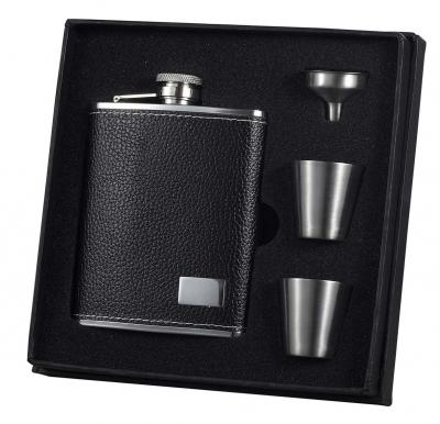 Visol Eclipse S Black Leather 6oz Deluxe Flask Gift Set