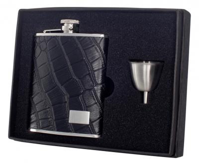 Visol Gator Black Crocodile Leather 6oz Hip Flask Gift Set