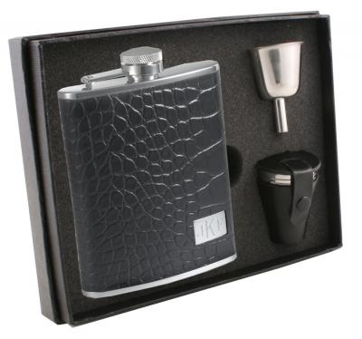 Visol GatorBlack Leather and Stainless Steel 6oz Flask Gift Set