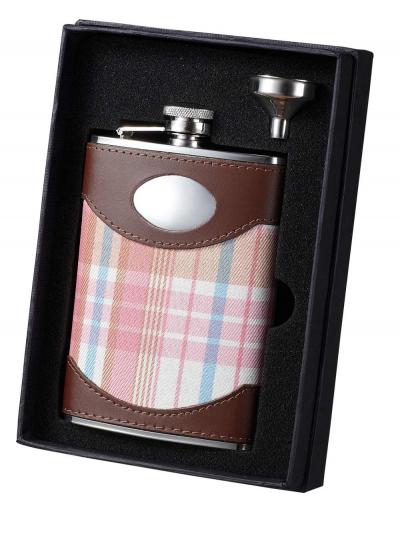 Visol Hannah Pink Plaid and Leather Flask and Funnel Gift Set - 8 oz