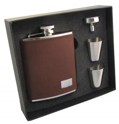Visol Hunter Dark Brown Leather 6oz Stainless Steel Hip Flask Gift Set