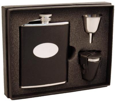 Visol Lance Black Leather Stainless Steel 6oz Deluxe Flask Gift Set