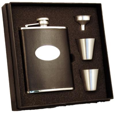 Visol Lance Black Leather Stainless Steel 6oz Deluxe Flask Gift Set