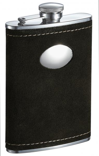 Visol Manzanillo Dark Olive Colored Suede Flask with Oval Plate - 8 ounce