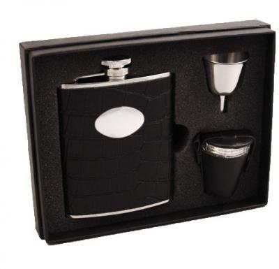 Visol Noir Black Crocodile Leather 6oz Deluxe Flask Gift Set