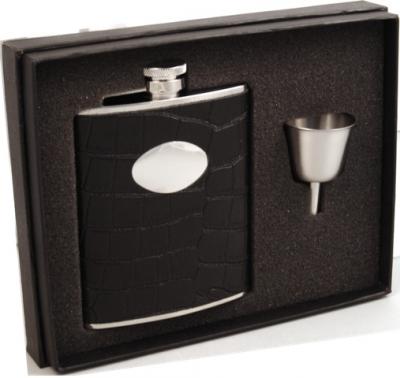 Visol Noir Black Crocodile Leather 6oz Stainless Steel Flask Gift Set