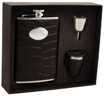 Visol Noir Black Crocodile Leather 8oz Deluxe Flask Gift Set