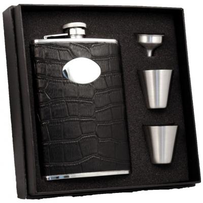 Visol Noir Black Crocodile Leather 8oz Deluxe Flask Gift Set