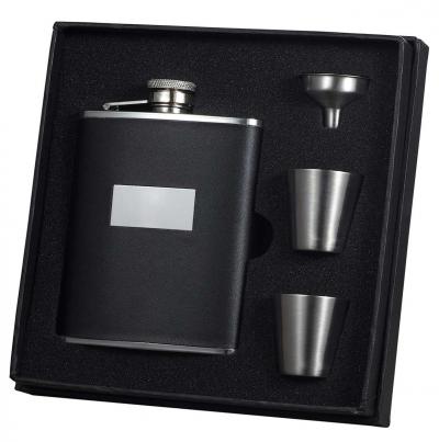 Visol Ontario Black Leather 6oz Deluxe Flask Gift Set