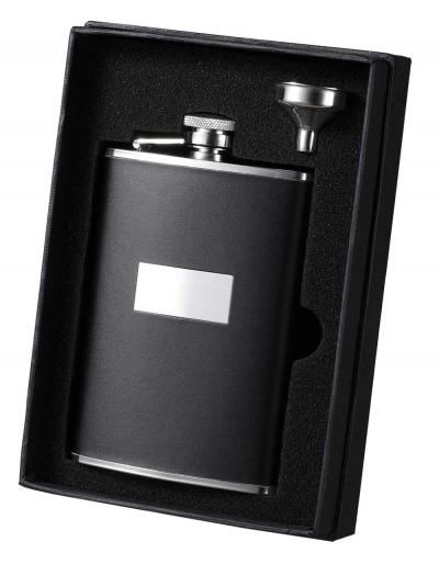 Visol Ontario Black Leather Stainless Steel and Funnel Gift Set - 8 oz