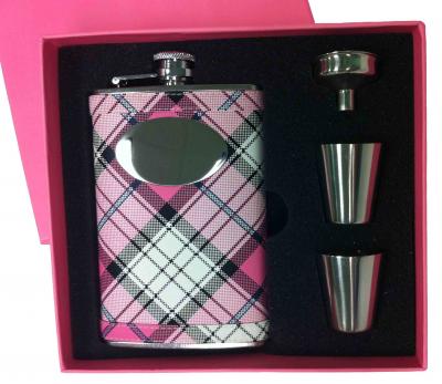 Visol Pink Box Valor Pink Plaid 8oz Flask Gift Set