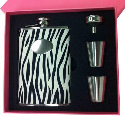 Visol Pink Box Zebra Black & White 8oz Flask Gift Set
