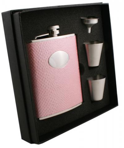 Visol Rosalyn Light Pink Snakeskin Design 6oz Deluxe Flask Gift Set