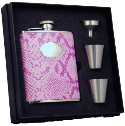 Visol Rosy Boa Pink Snakeskin Leather 6oz Deluxe Flask Gift Set