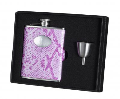 Visol Rosy Boa Pink Snakeskin Leather 6oz Liquor Hip Flask Gift Set
