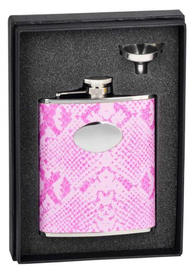 Visol Rosy Boa Pink Snakeskin Leather Stainless Steel  6oz Flask Gift Set
