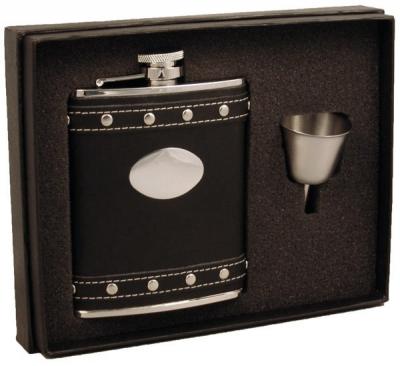 Visol Roxanne Black Leather 6oz Liquor Flask With Studs Gift Set