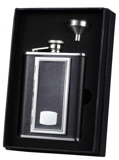 Visol SP Black Leather Flask ith Built-in Cigarette Case