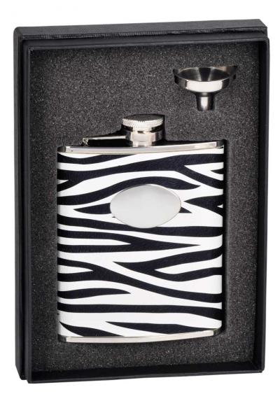 Visol Zebra Black & White Leather Stainless Steel 6oz Flask Gift Set
