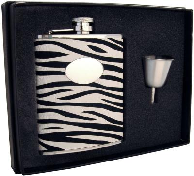 Visol Zebra Black & White Leather Stainless Steel 6oz Liquor Hip Flask Gift Set