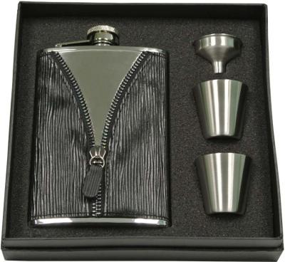 Visol Zipper Black Leatherette Stainless Steel 8oz Deluxe Flask Gift Set