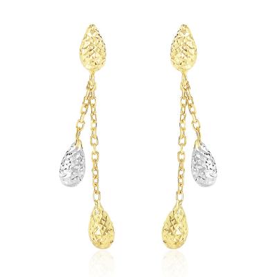 14k Two-Tone Gold Double Row Chain Earrings with Diamond Cut Teardrops