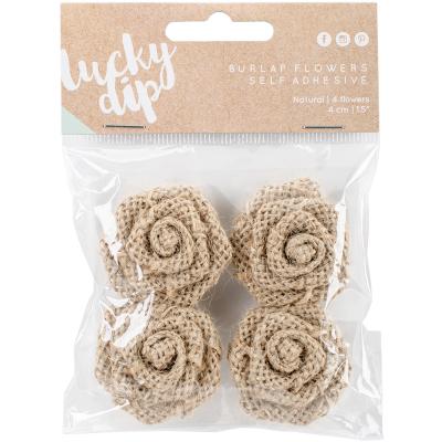 Lucky Dip Burlap Self-Adhesive Flowers 4/Pkg-Natural 1.5'