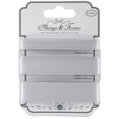 Craft Consortium Always & Forever Satin Ribbon 3m 3/Pkg-Silver