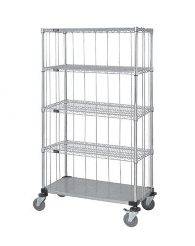 Quantum 3 Sided Stem Caster Wire Shelf Cart 63''H Post, Stem Caster Units with 4 Wire shelves, 1 Solid shelf, Rods and Tabs 18''W X 36''L X 69''H