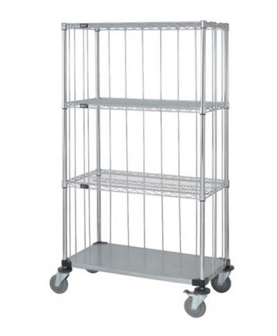 Quantum 3 Sided Stem Caster Wire Shelf Cart 74''H Post, Stem Caster Units with 3 Wire shelves, 1 Solid shelf, Rods and Tabs 18''W X 36''L X 80''H