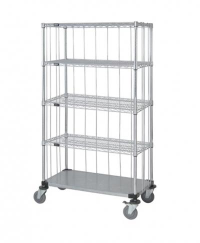 Quantum 3 Sided Stem Caster Wire Shelf Cart 74''H Post, Stem Caster Units with 4 Wire shelves, 1 Solid shelf, Rods and Tabs 18''W X 36''L X 80''H