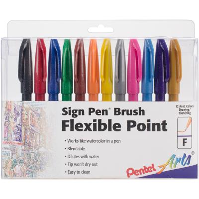 Pentel Arts Sign Pens W/Brush Tip 12/Pkg-Assorted
