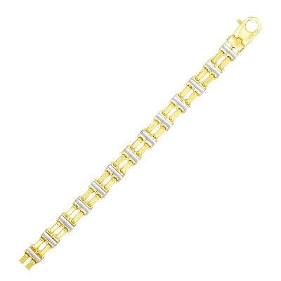 14k Two-Tone Gold Mens Bracelet with Two Rows of Bar Links
