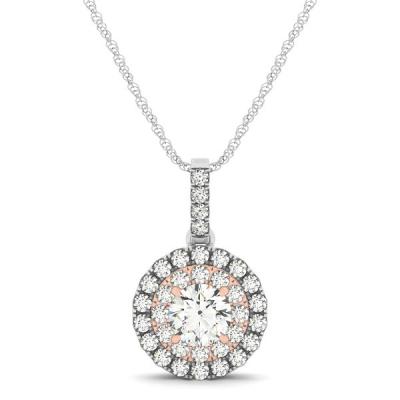 Round Shape Halo Diamond Pendant in 14k White and Rose Gold (1/2 cttw)