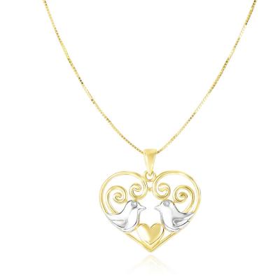 14k Two-Tone Gold Filigree Heart with Doves Pendant