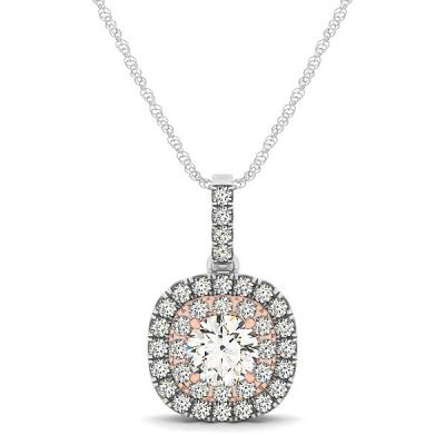14k White And Rose Gold Cushion Shape Halo Diamond Pendant (1/2 cttw)