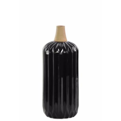 Cylindrical Moluccan Vase with Ribbed Design Body - Small - Black